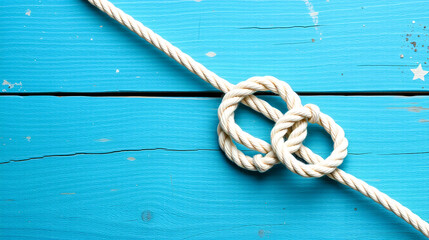 Obraz premium Nautical knot resting on a blue-green wooden background