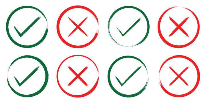 Brush Style Check Mark and Cross Symbols. Check mark and cross mark. Grunge brush hand draw Yes and no icon. eps 10