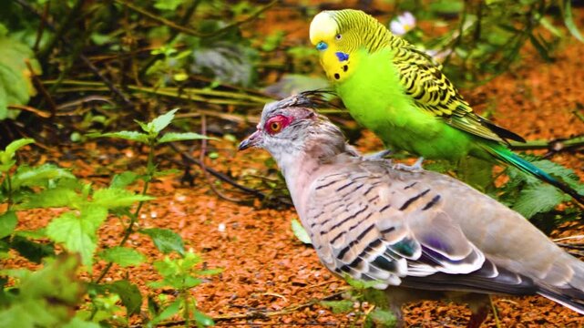 Close up of a crested pigeon and parakeet budgie riding on the back and picking on it.