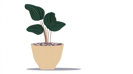 A minimalist illustration of a houseplant with dark green leaves in a beige pot on a white background.