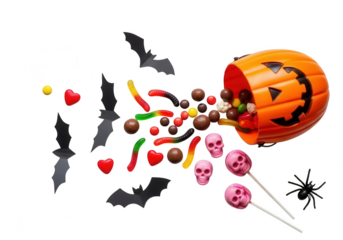 Vector art of halloween pumpkin spilling out assorted candies, gummy worms, bats, skulls, and a spider
