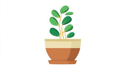 Obraz premium A simple, elegant illustration of a green houseplant growing in a two-toned ceramic pot with a saucer.