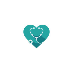 Layered heart with location pin cutout, caring navigation concept, medical assistance finder, teal gradient emblem, modern vector logo
