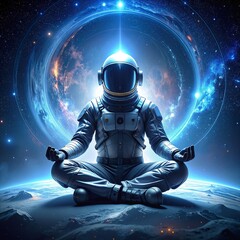 Fototapeta premium A serene man in a sleek astronaut suit sits cross-legged, meditating peacefully against the backdrop of Earth, stars twinkling in the vast cosmos.
