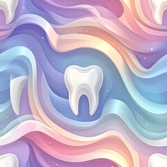 Abstract dental illustration with layered, colorful wavy backdrop