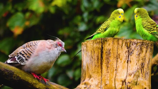 Close up of a crested pigeon and two parakeet budgie beside picking on each other.