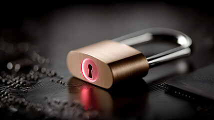 Abstract Digital Security Concept with Glowing Pink Icon on Dark Circuit Board Background