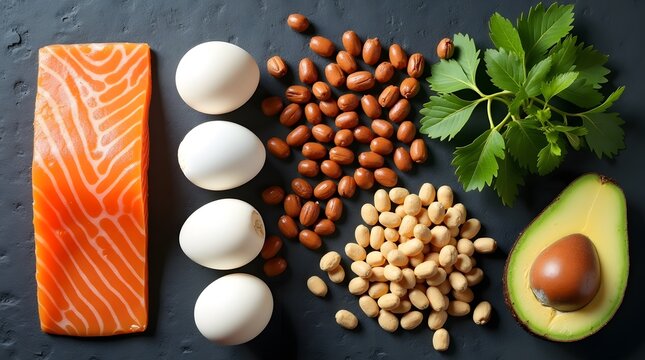 Vibrant keto diet ingredients featuring salmon, eggs, avocado, and nuts on sleek dark surface promoting healthy eating and balanced nutrition