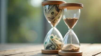 Money flowing through hourglass symbolizes wealth accumulation and the preciousness of financial opportunities