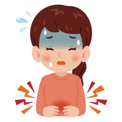 腹痛で苦しむ女性　上半身イラスト／Woman suffering from abdominal pain　upper body illustration