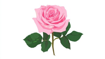 Fototapeta premium A beautiful, detailed illustration of a pink rose in full bloom, with green leaves and stem.