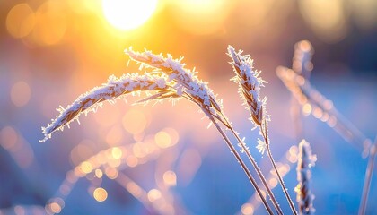 Frosted Grass Blades in Sunlight with Bokeh Background Early Morning Light Cold Winter Day Close Up