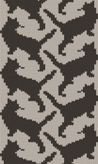 A unique and seamless knitting pattern with an abstract cat camouflage print design. The contrasting colors of beige and dark brown give it a modern yet cozy feel, perfect for textiles and fashion. 