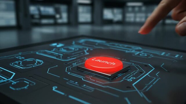 Hand pressing a glowing red button on a futuristic interface.