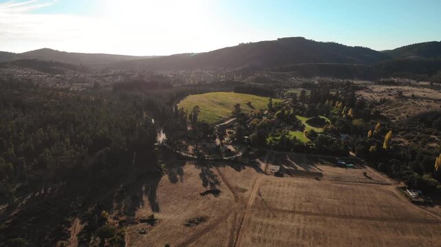 Aerial view flying over a vast rural landscape