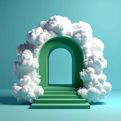 Abstract depiction of an archway portal surrounded by fluffy white clouds
