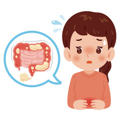 腸内のガスに悩む女性　上半身イラスト／Woman suffering from intestinal gas　upper body illustration