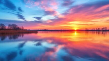 Reflection of a colorful sunset sky over a tranquil lake, creating a serene landscape scene.