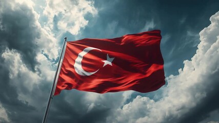 Turkish Flag Waving in Clear Blue Sky for Republic Day