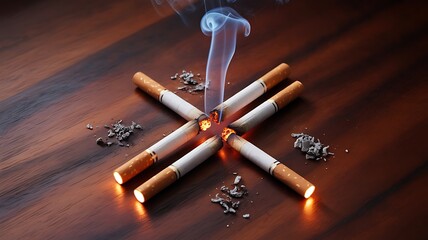 Burning cigarettes arranged in cross shape symbolizing smoking addiction
