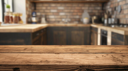 Mesa de Madeira R&uacute;stica em Fundo de Cozinha Moderna Desfocado