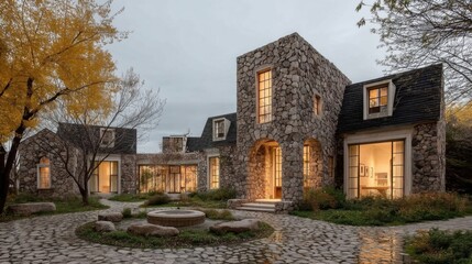 Fototapeta premium A picturesque rustic stone facade house with a steeply pitched roof, transparent windows, irregular stone driveway,