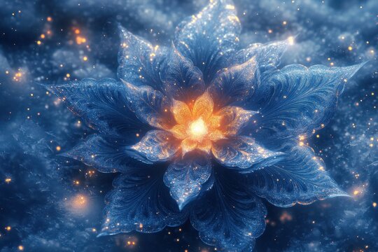Blue flower surrounded by glowing stars.