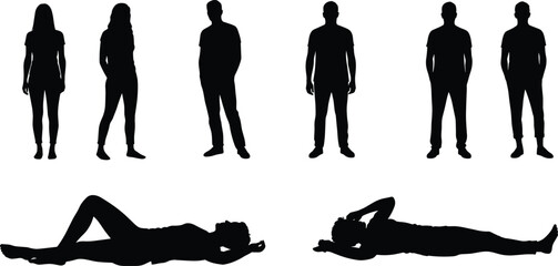 Silhouette collection of men and women in standing and lying down positions, human figures, shadow people, black illustration isolated backgroundSilhouette collection of men =