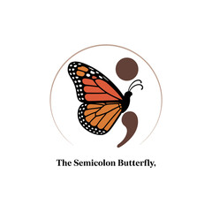 Semicolon butterfly symbol, mental health awareness icon, orange winged design, hope resilience message, supportive community graphic vector