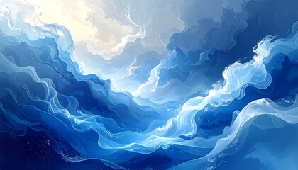 Abstract depiction of swirling, luminous blue and white waves