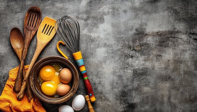 Eggs, wooden utensils on rustic gray surface