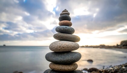 Fototapeta premium Balanced stones on a beach at sunset