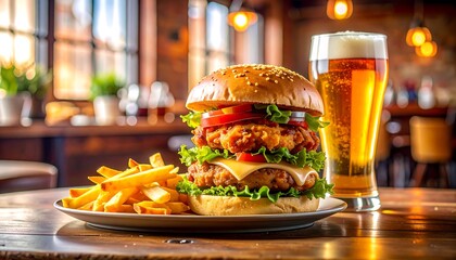 A delicious burger with fries and beer on a wooden table in a cozy restaurant