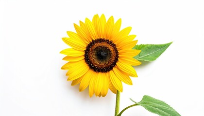 Obraz premium A bright yellow sunflower against a white background, with a green leaf