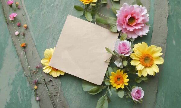 blank card with flowers on wooden background