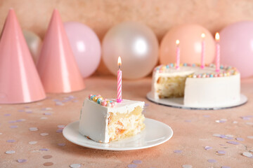 Piece of tasty Birthday cake on grunge background