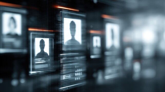 Silhouetted person images in data frames with orange details; abstract interface, blurred background - Powered by Adobe