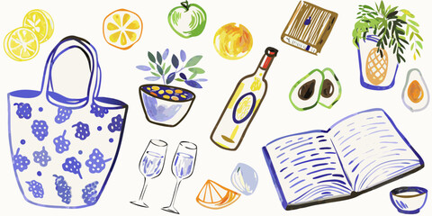 Whimsical watercolor illustration of a tote bag fruits wine books and plants on a white background
