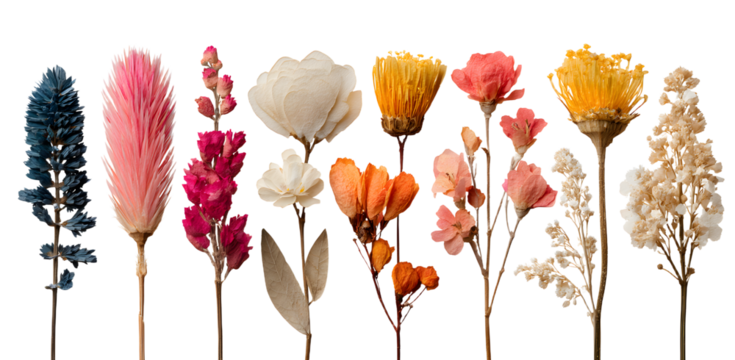 Dry pressed wild flowers and plants isolated on transparent background. Botanical collection