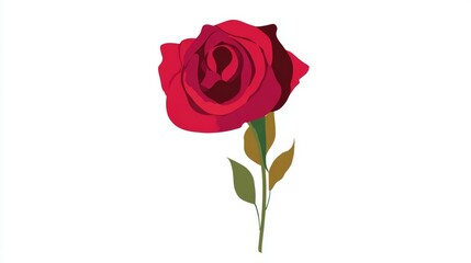 Illustration of a red rose with green leaves on a white background.