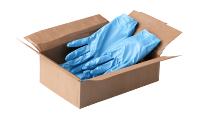 Blue disposable gloves inside a cardboard box isolated on transparent background