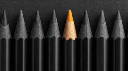 Close-up of pencils; dark gray/black pencils; one bright orange pencil stands out