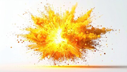 Vivid yellow explosion erupting with light particles, on a bright white backdrop