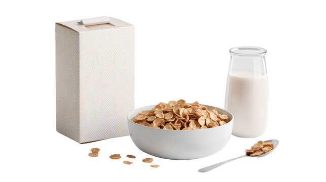 Bowl of cereal with milk carton and bottle isolated on transparent background