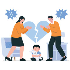 Divorce Illustration. Vector illustration of Angry parents argue while a child sits frightened with a broken heart symbol, highlighting family conflict and emotional harm. Isolated on background
