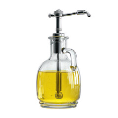 Glass oil dispenser with metal pump isolated on transparent background
