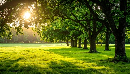 Golden light filters through the green canopy onto a lush meadow, rows of mature trees line the field
