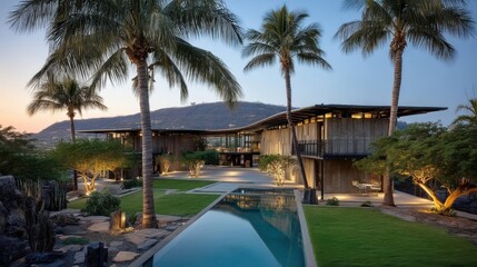 Fototapeta premium A modern architectural house with open-concept design set in a tropical landscape during twilight,
