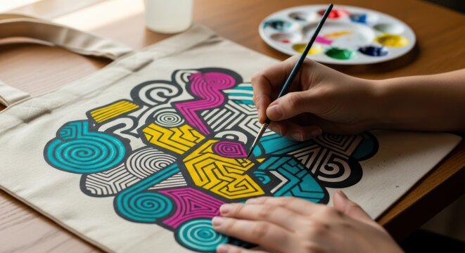 Close-up of hands painting a colorful design on a canvas tote bag with a paintbrush and palette on