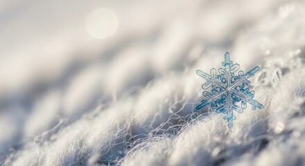 Detailed macro photograph of a beautiful snowflake, showcasing intricate ice crystal patterns on a soft, textured white background, representing winter and cold weather